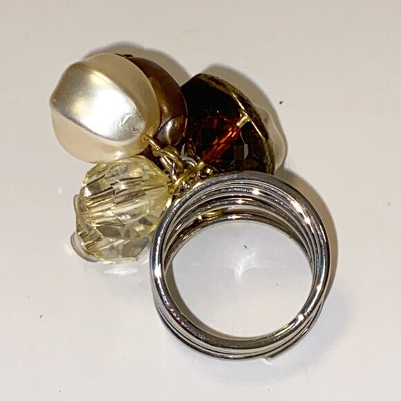 Vintage Beaded Statement Ring Golden Brown White Clear Prom Wedding - Picture 5 of 6